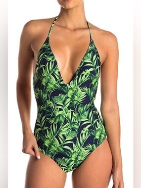 NWT Onia Nina One Piece Swimsuit L Navy Tropical Plunge Halter Low Back